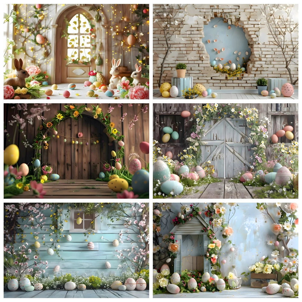 

Happy Easter Backdrop for Photography 2025 Brick Wall Wood Board Spring Flower Rabbit Eggs Bunny Kids Birthday Photo Background