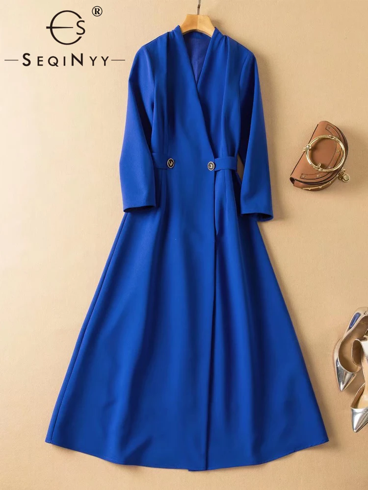 

SEQINYY Blue Midi Dress Spring Autumn New Fashion Design Women Runway High Street Flower Buttons Office Lady Elegant