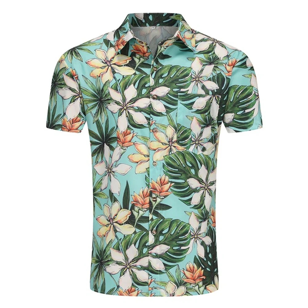 

Men's Polyester Hawaiian Printed Shirt Breathable Summer Beach Vacation Loose Fit Short Sleeve Top Casual Tropical Pool Party