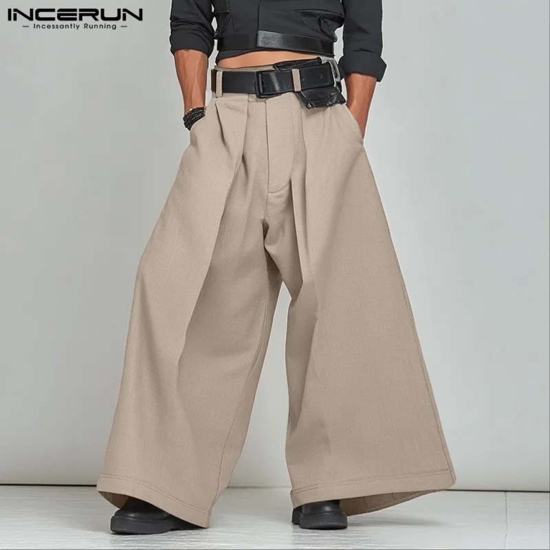 INCERUN Pantaloni a gamba larga da uomo Pantaloni a pieghe con bottoni Pantaloni casual larghi da uomo Streetwear 2025 Pantaloni a gamba larga per il tempo libero alla moda S-5XL