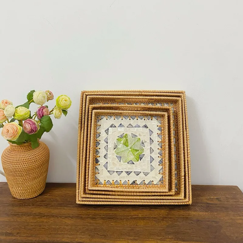 Handmade Rattan Woven Tabletop Square Shell Tray, Home Living Room Storage Tray, Green Spliced Shell Handicraft Storage Box