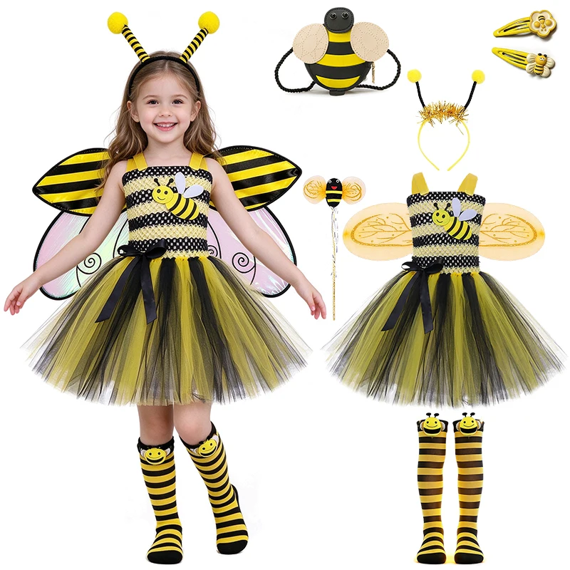 Fancy Girl Striped Tutu Bumble Bee Dress Halloween Cosplay Birthday Party Carnival Christmas Stage Performance Children Costume