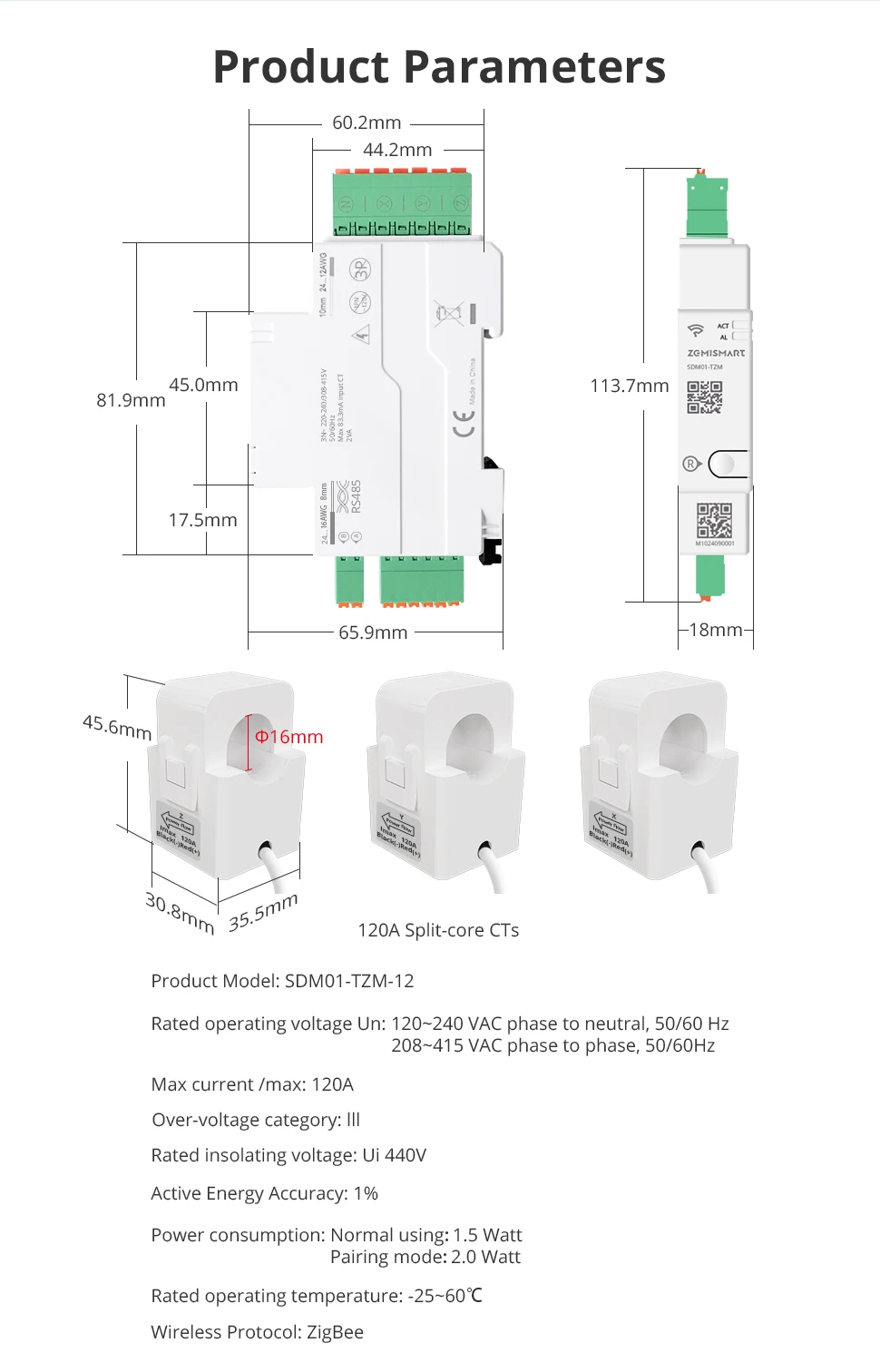 Zemismart 120A Zigbee RS485 Smart Energy Meter 3-Phasen-Leistungsmonitor Kompatibel mit Tuya Herausziehbare Split-Core-CTs 120V 240V – Detail 15