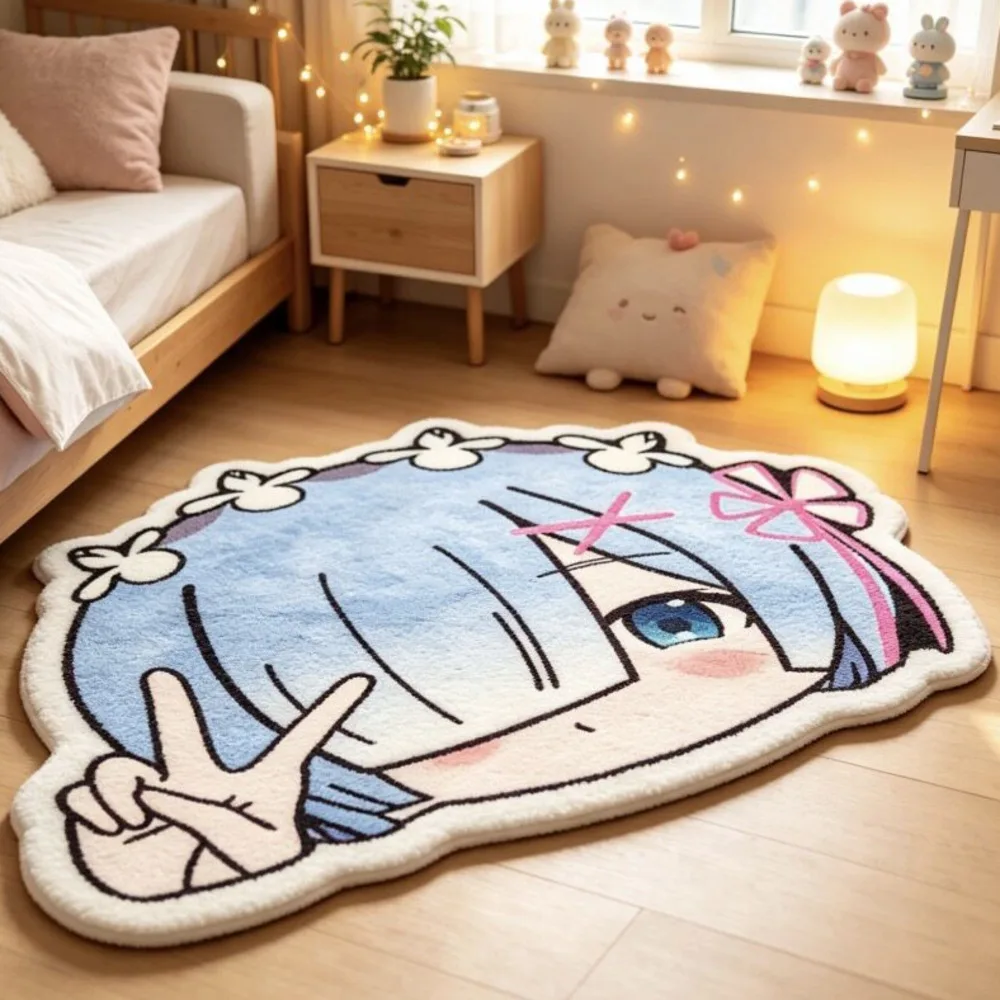 Cute Anime Rem Plush Rug Carpet Cartoon Floor Mat Soft Comfortable Anti‑Slip Living Room Bedroom Bathroom Floor Mat Home Decor