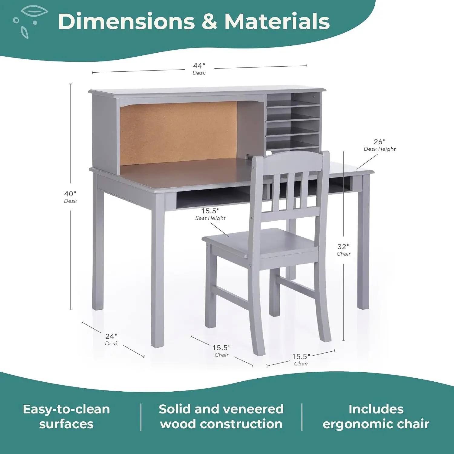 Media Desk and Chair Set - Gray: Student's Computer Workstation, Study Desk With Hutch and Storage Shelves | Kids' Wooden Bedroo