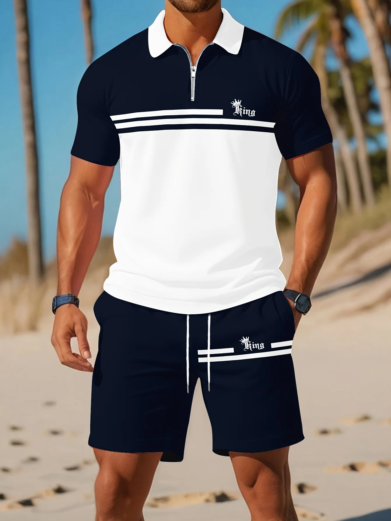 

New Men's Fashionable King Print Casual Comfortable Zipper Polo Shirt and Shorts 3D Pattern Loose Shorts Summer Outdoor Set