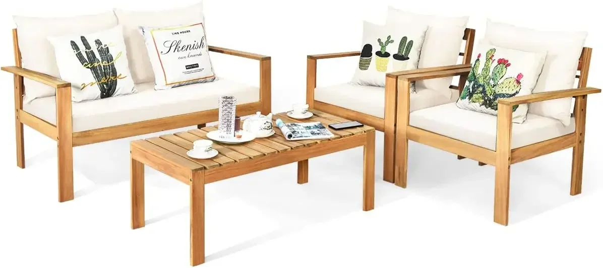 

#For 4 Pieces Patio Furniture Sets Acacia Wood with Waterproof Furniture Cover, Patio Furniture Sets&