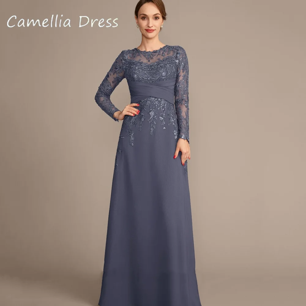 فستان أم رسمي مخصص أنيق مزين بخط كامل لحفلات الزفاف للعروس فساتين زفاف شيفون رمادي