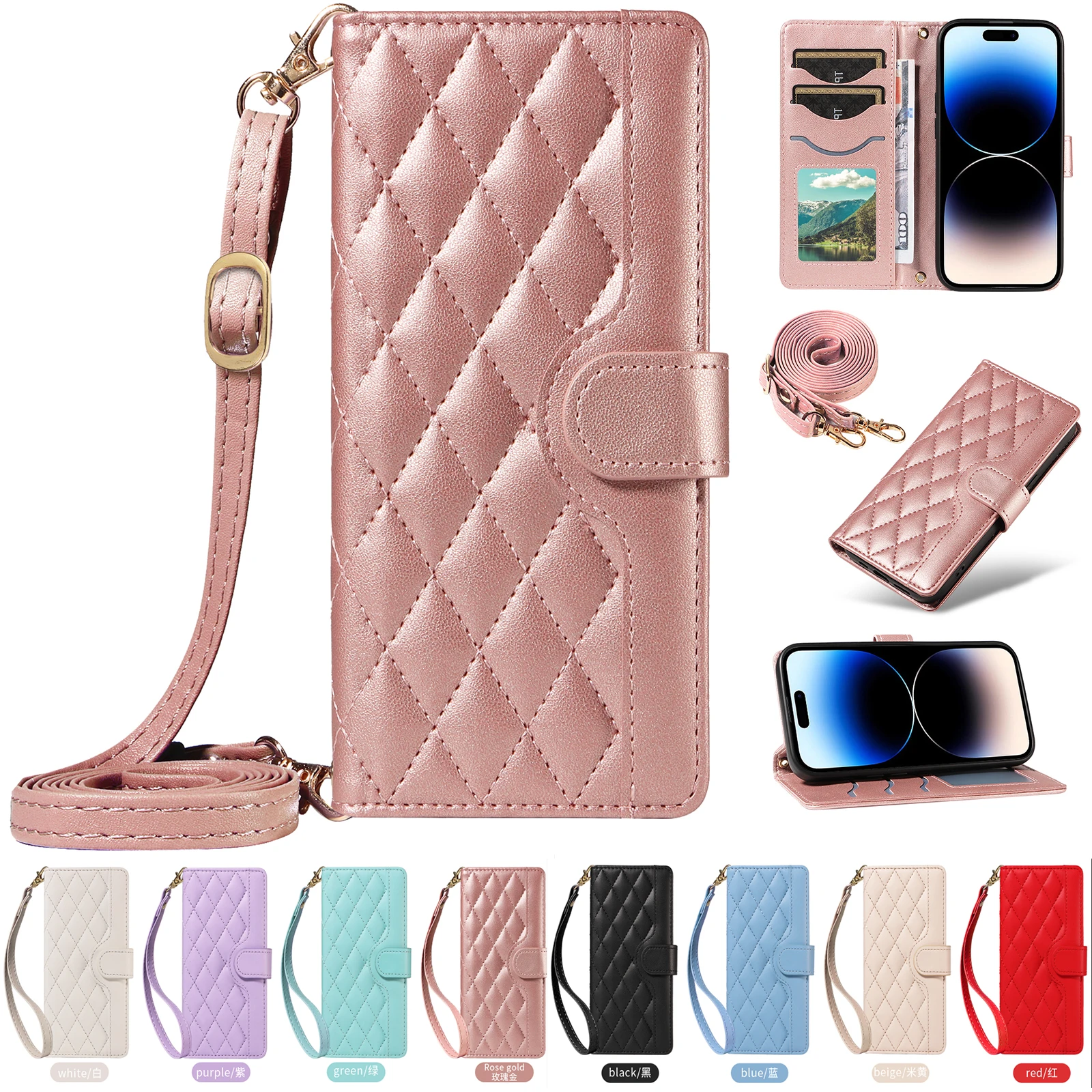 Luxury Rhombus Wallet Case For Samsung Galaxy Wide 6 5 A Quantum 4 Buddy 3 Jean 2 Jump 5G Leather Crossbody Lanyard 3 Card Cover