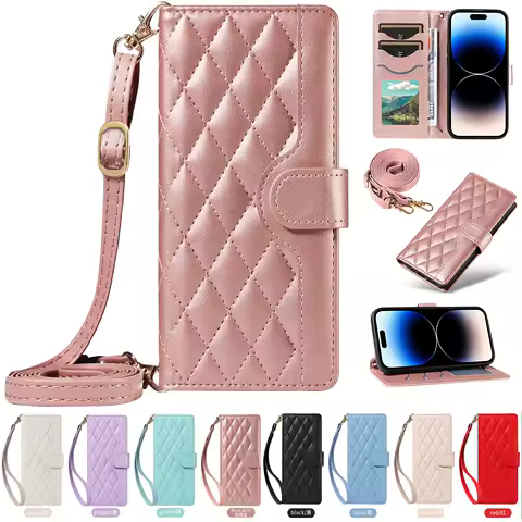Wallet Case For Samsung Galaxy S24 S23 S22 S21 S20 S10 Plus Ultra FE Luxury Rhombus Leather Crossbody Lanyard 3 Card Slot Cover