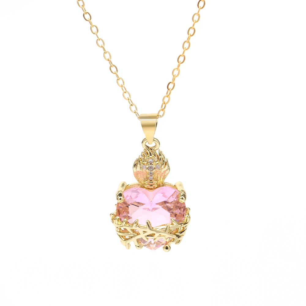 New Gold Plated Cubic Zirconia Emerald Sacred Heart Flame Thorn Cross Necklace Fashionable Versatile Women Jewelry Gift