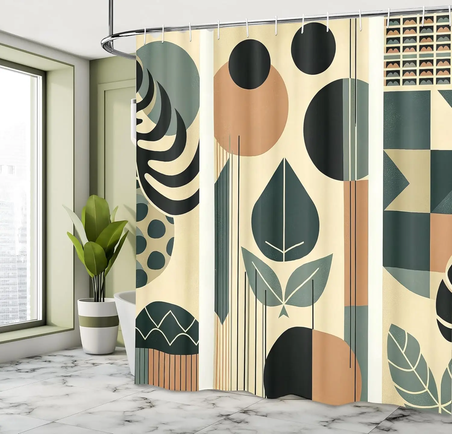Boho Abstract Mid Century Geometric Shapes and Leaves Evergreen,Cloth Fabric Bathroom Decor Set with Hooks,Pale Reseda Green and
