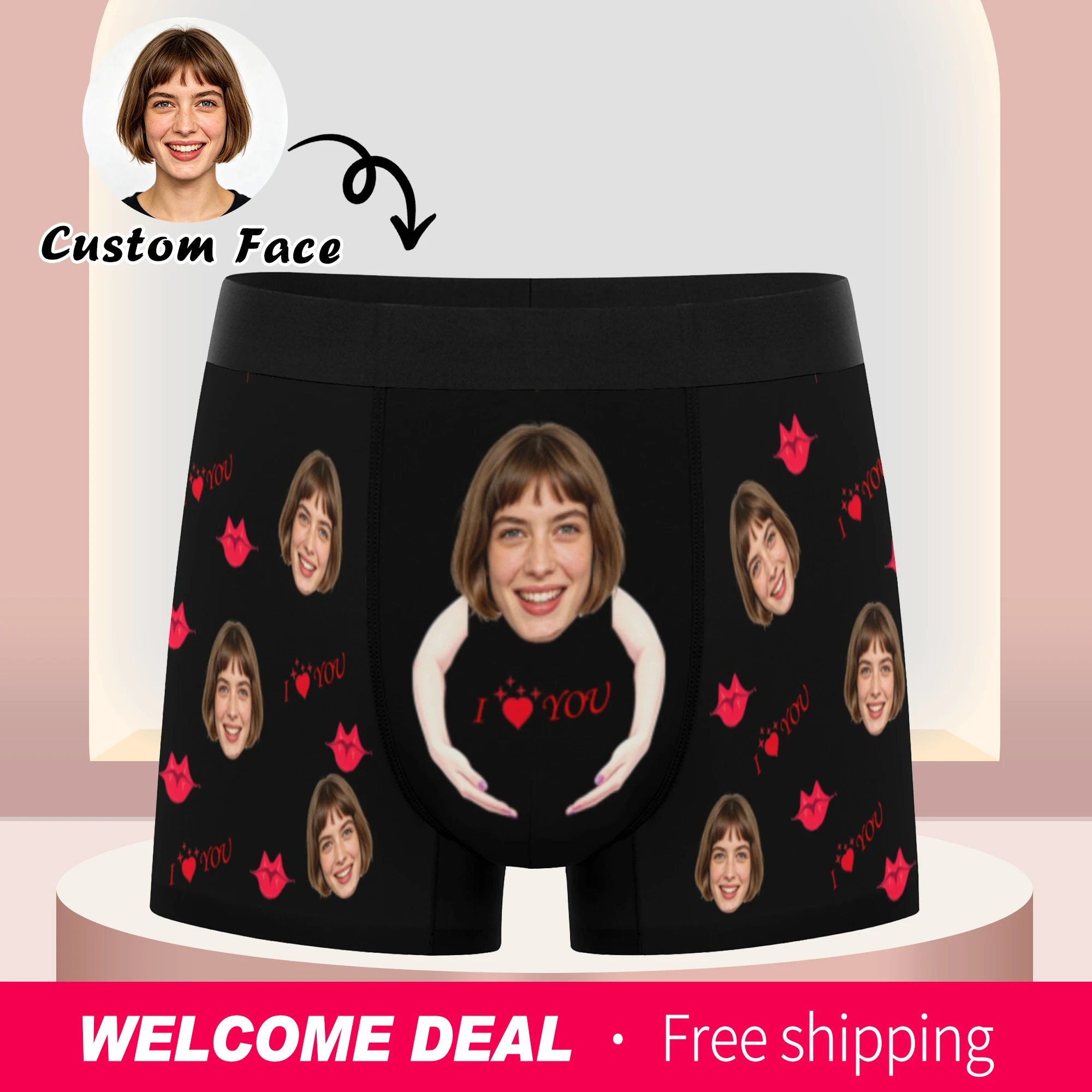 Customized Personalized Facial Photo Underwear Men's Flat Corner Valentine's Day Gift Husband Anniversary Gift Father Son Birthd