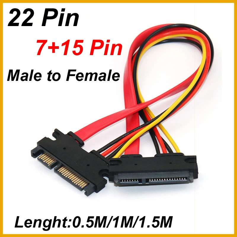 NEW 2026 0.5M/1M 22Pin SATA Male to Female 7+15 Pin Serial ATA SATA Data Power Combo Extension Cable Connector Conterver