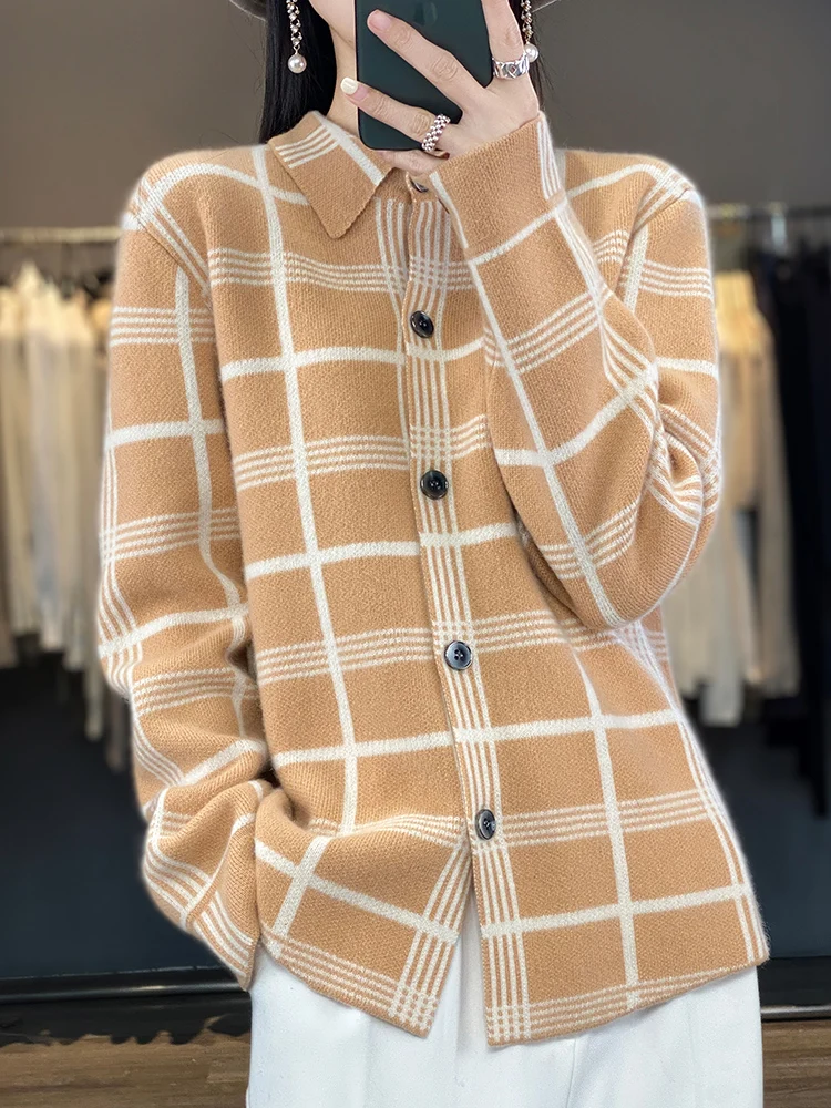 Autumn Winter New 100% Cashmere Wool Women Sweater Tailored Collar Splicing Checker Cardigan Casual Knitted Soft Jacket Tops