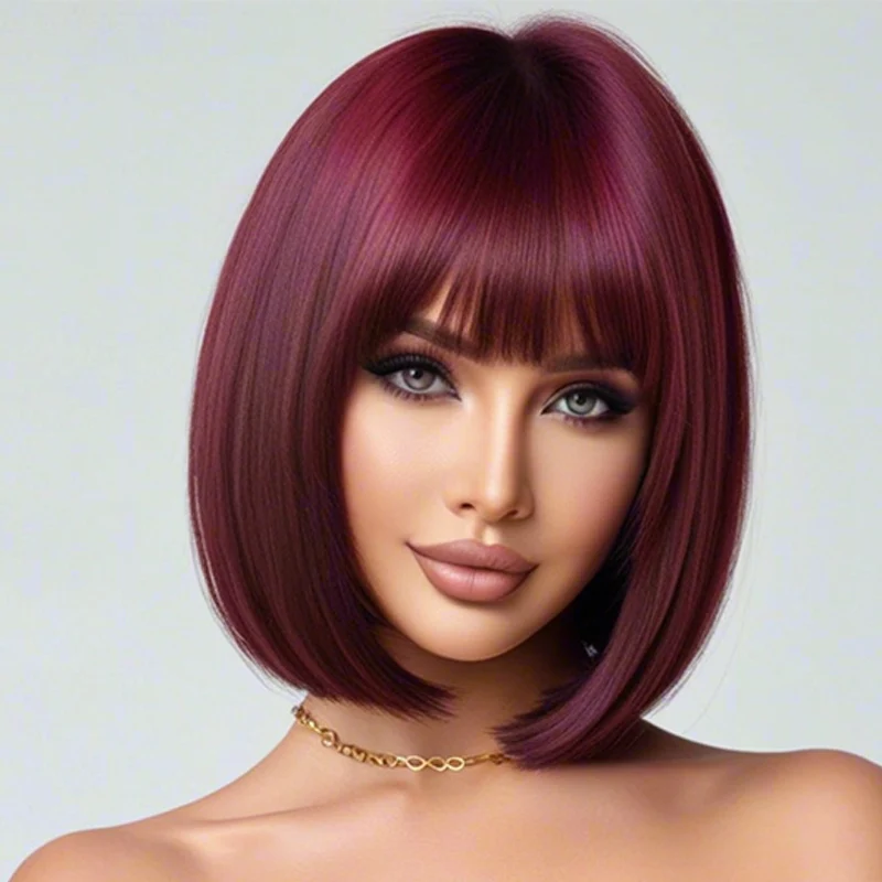 12 inch burgundy bob straight hair with bangs, synthetic high-temperature silk wig, heat-resistant heat-resistant, elegant styli