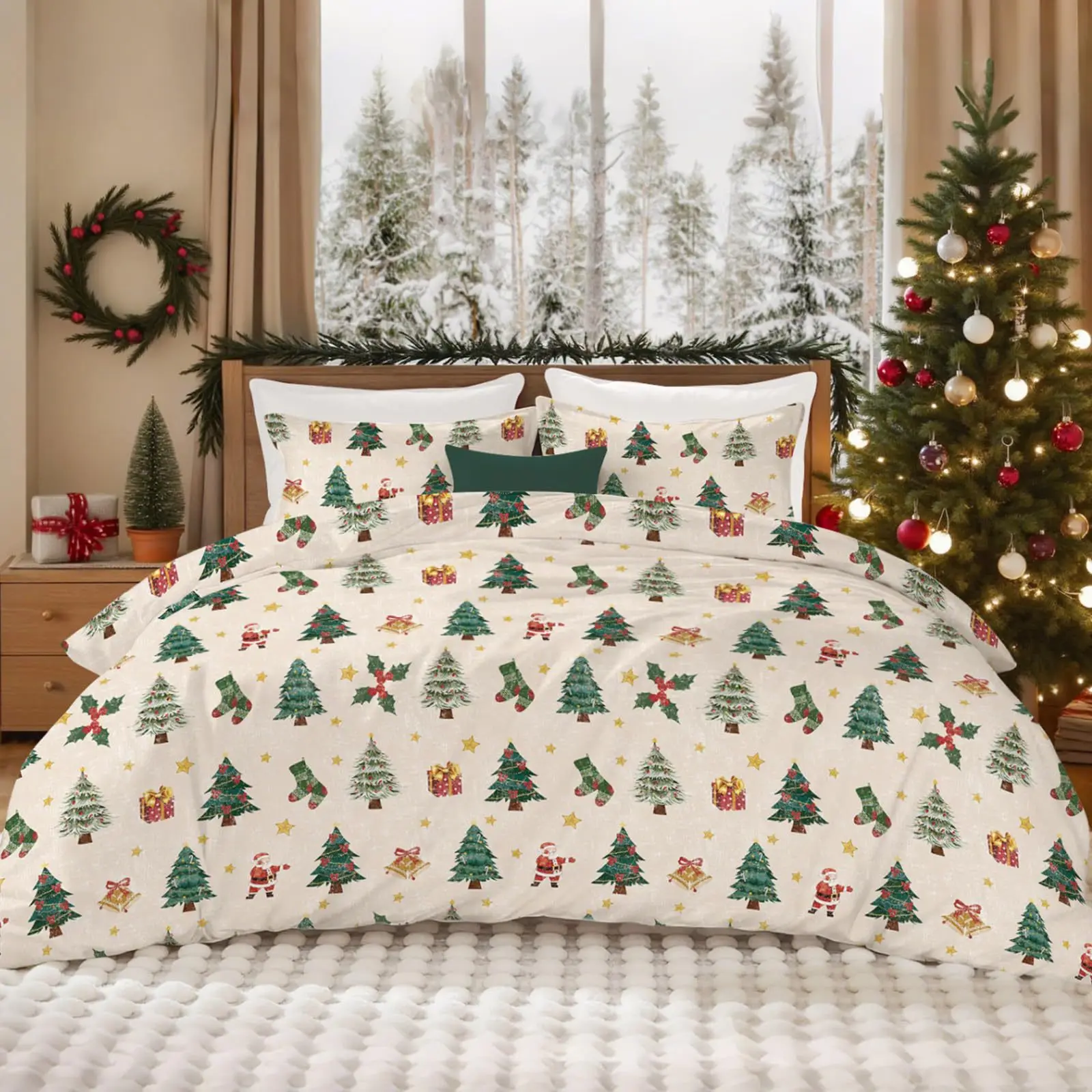 Christmas Duvet Cover Set Santa Christmas Tree Wreath Bedding Set with Pillowcases  Holiday Bedroom Decor Winter Gift Single Dou