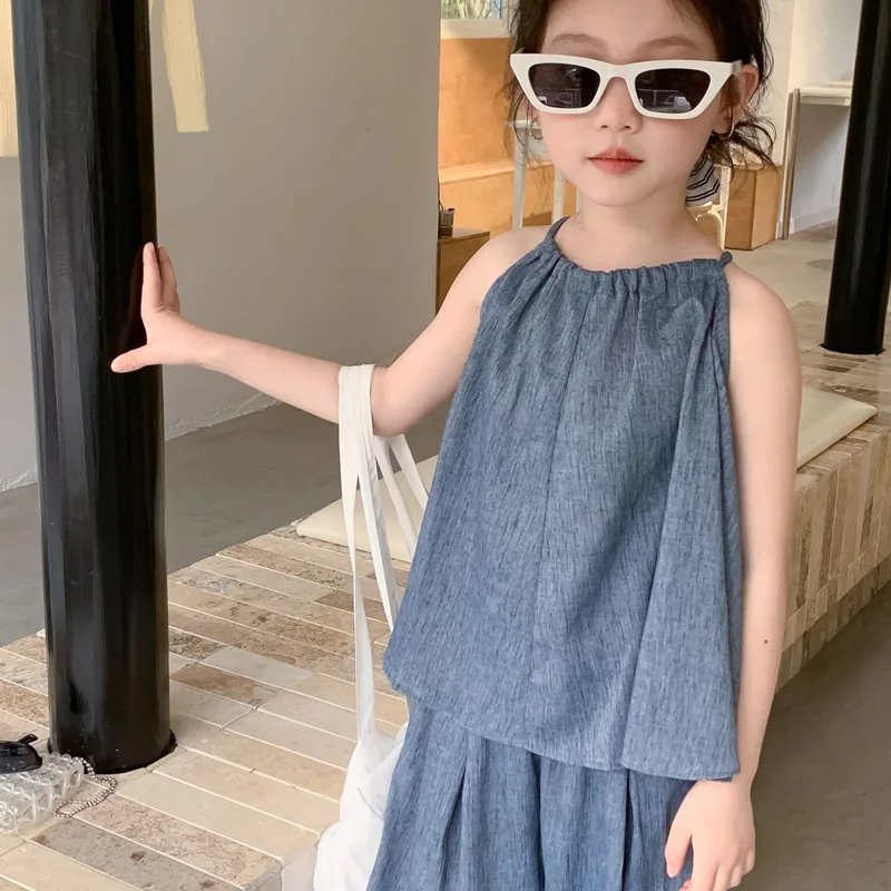 

Children Clothing Summer New Fashion Girl Blue Suspender Top+Wide Leg Pants Set Kids Treasure Cool 2-Piece Suit