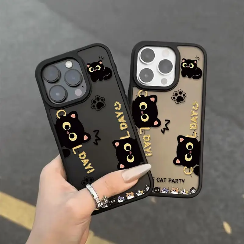 

Phone Case For iPhone 16 15 14 13 12 11 Pro Max Plus New INS Black Cats Party Print Frosted Transparent Black Protective Cover