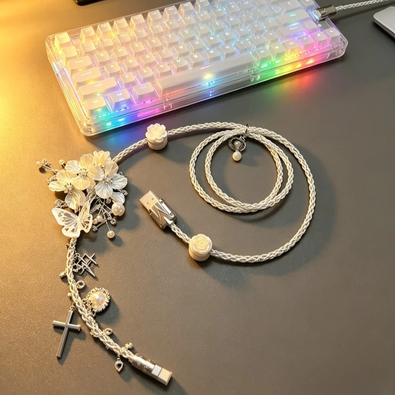 Handmade Butterfly Series 2-in-1 Aviator Cable 1.3m Y2K Design Full Segment 8k Mechanical Keyboard Cable Decoration Accessorie