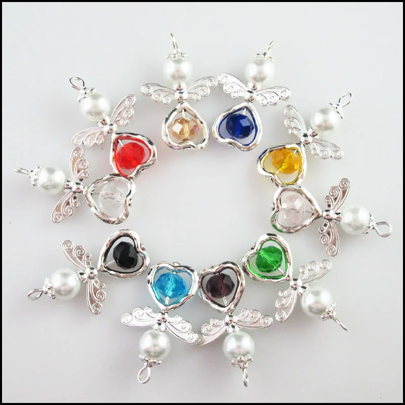 10 sztuk mieszane serce kryształowy anioł z kulkami szklane koraliki Charms wisiorki 22x33mm