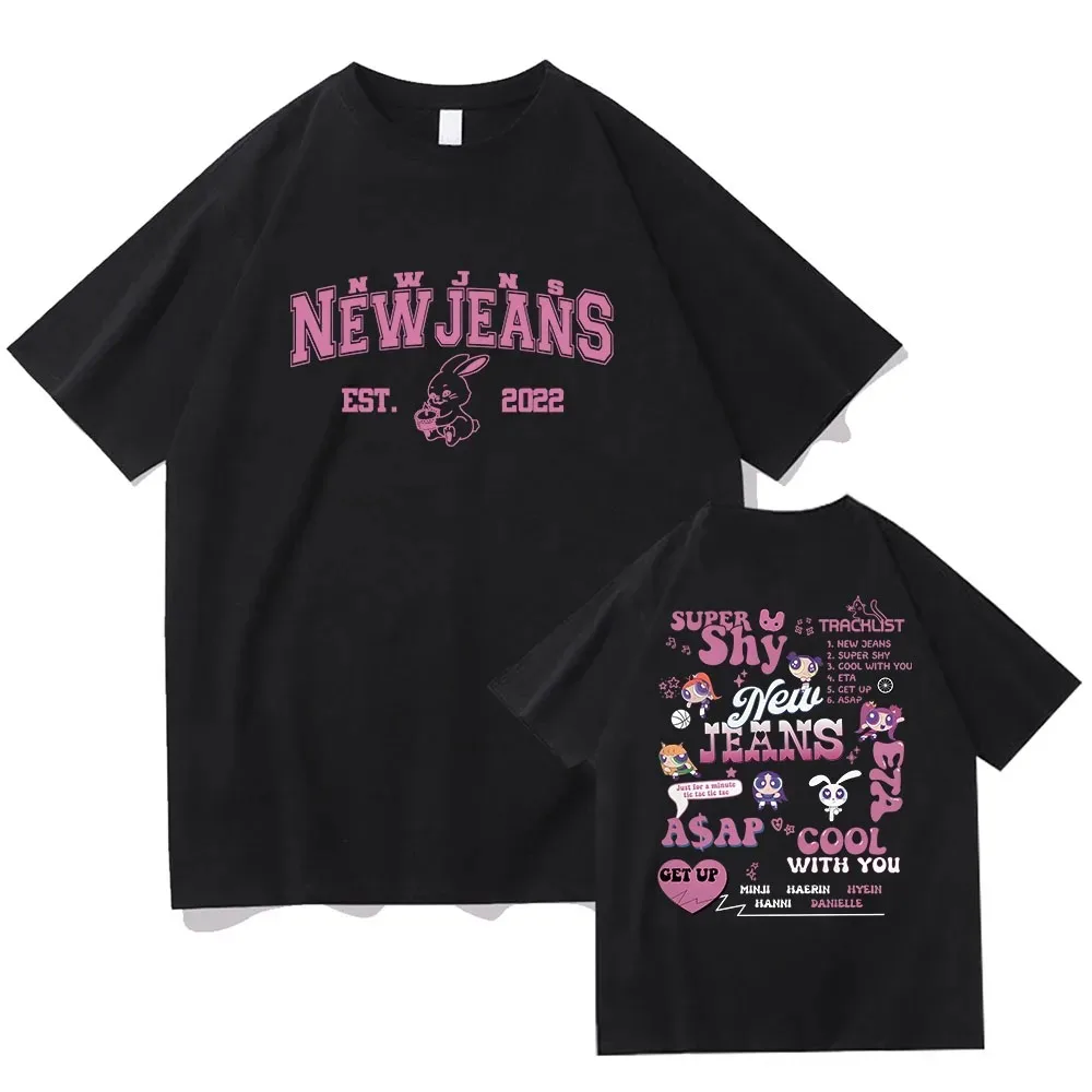 Camisetas Kpop Band New-Jeans con estampado Kawaii de conejitos rosas, camisetas de algodón de alta calidad para hombres y mujeres, camisetas gráficas para niñas