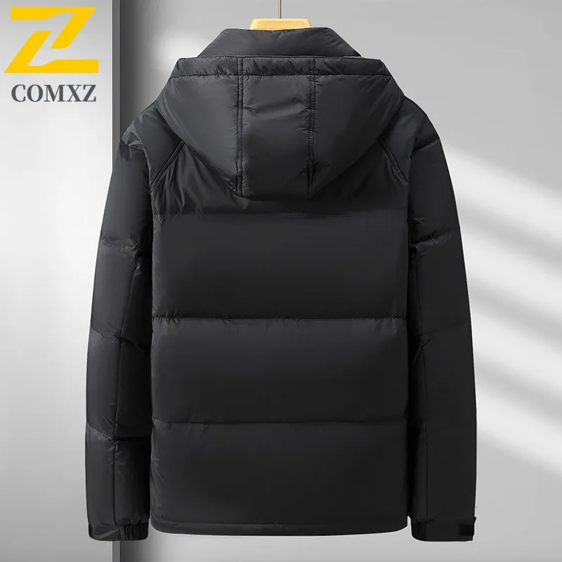 COMXZ Men Down Jacket Classic Hood Commuting Office Windproof Warm Parka Solid Color Hiking Travel Lightweight Winter Down Coat