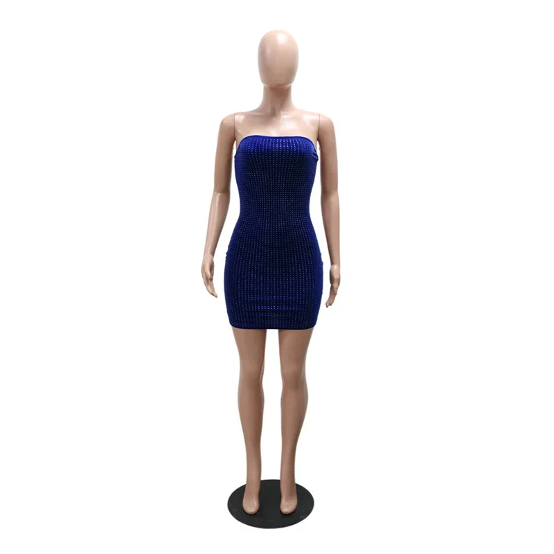 Mulheres 2024 novo sem alças sem alças perfuração quente sexy bodycon mini vestido de festa strass glitter magro noite clube vestido prata