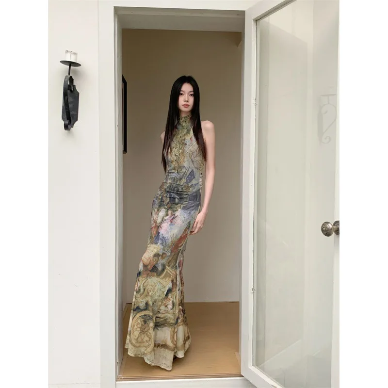 

Oil Painting Backless High Neck Slimming Long Dress