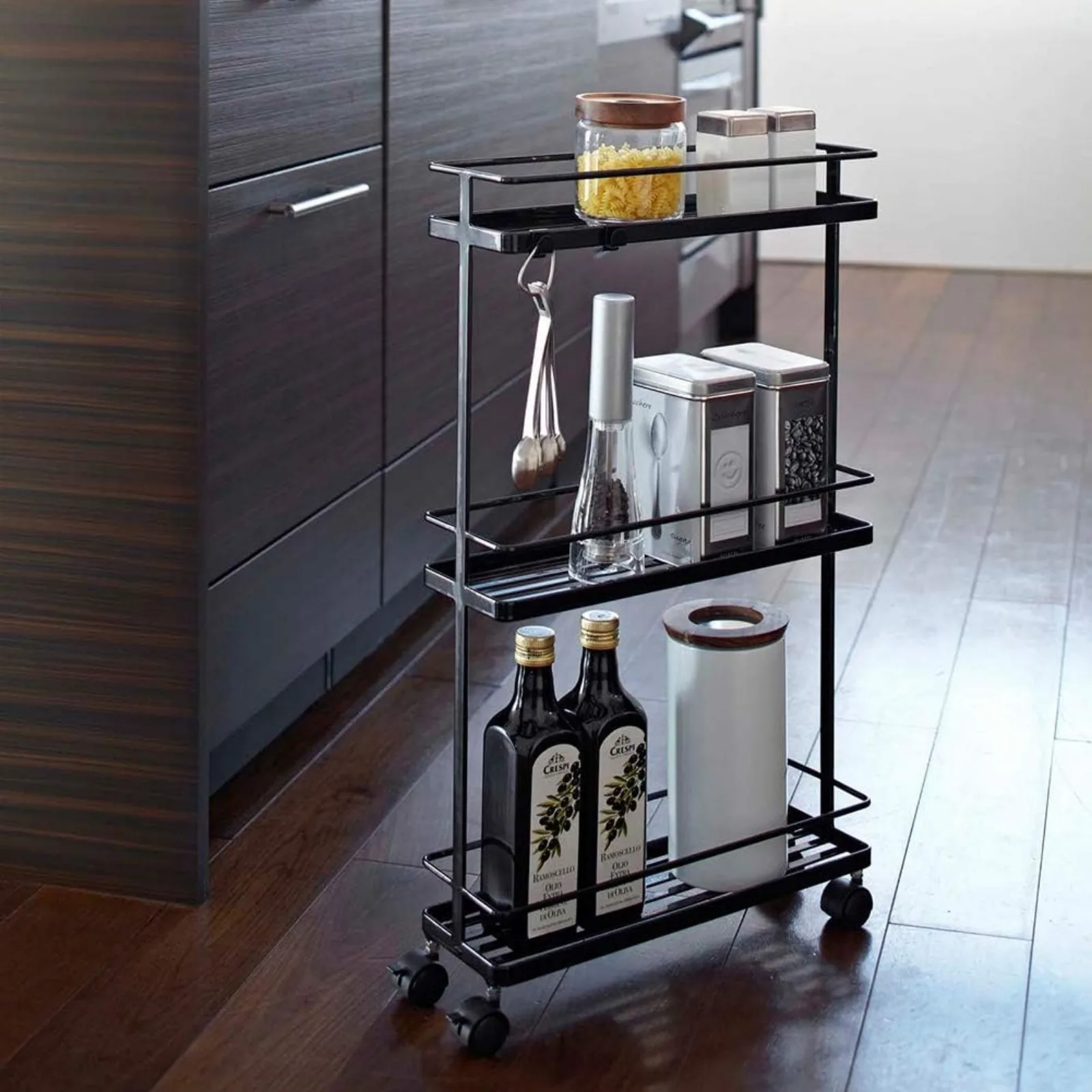 US Home Rolling Kitchen Island Three Tier Metal Storage Cart - Portable Organizer Shelves Utility Cart Steel One Size Black