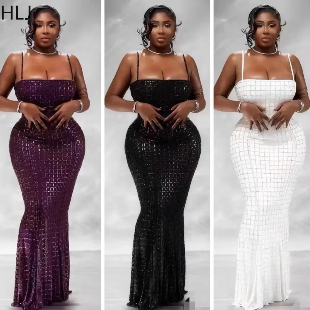 

HLJ Elegant Rhinestone Patchwork Bodycon Dresses for Woman Spaghetti Strap Sleeveless Backless Dress Female Streetwear Vestidos