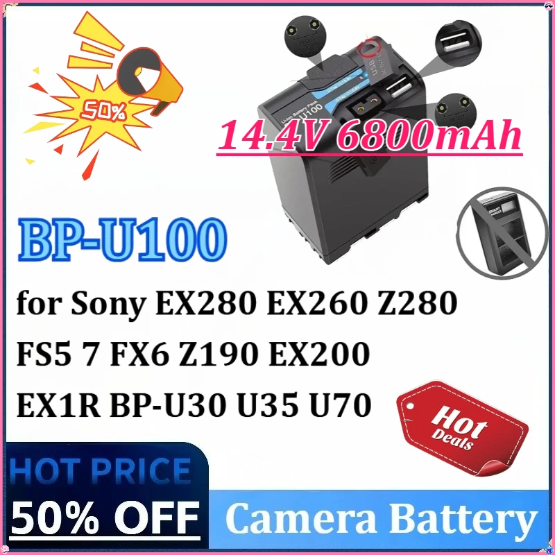 

BP-U100 14.4V 6800mAh Camera Battery for Sony EX260 EX280 Z280 Z190 EX200 FS5 7 FX6 EX1R BP-U30 U35 U70 with D-Tap USB Output