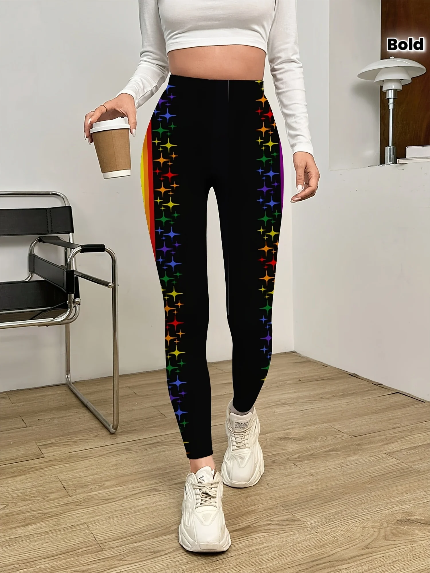 Women Mid‑Rise Fleece Lined Leggings Rainbow Side Star Print Warm Elastic Casual Winter Pants