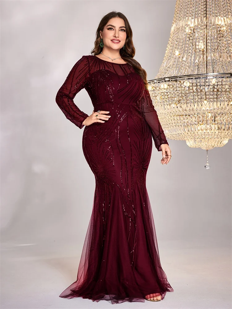 Plus Size Red Elegant Long Sleeves Sequin Tulle Evening Dresses Women Luxury O-neck Mermaid Formal Wedding Party Maxi Prom Gown view 4