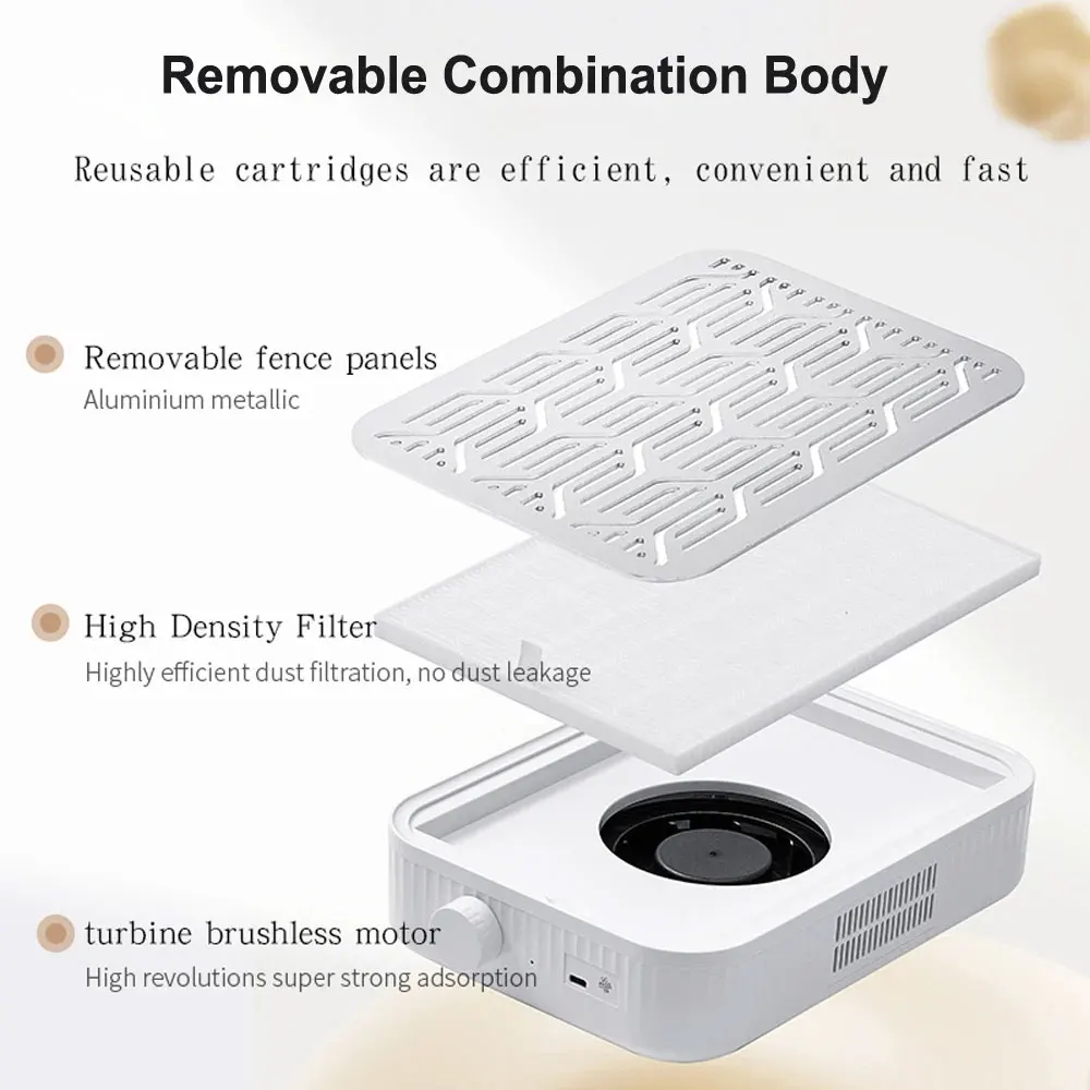 Aspirador de pó sem escova com turbina sem fio, com filtros removíveis, velocidade ajustável, 48w, coletor de pó de unhas, baixo ruído