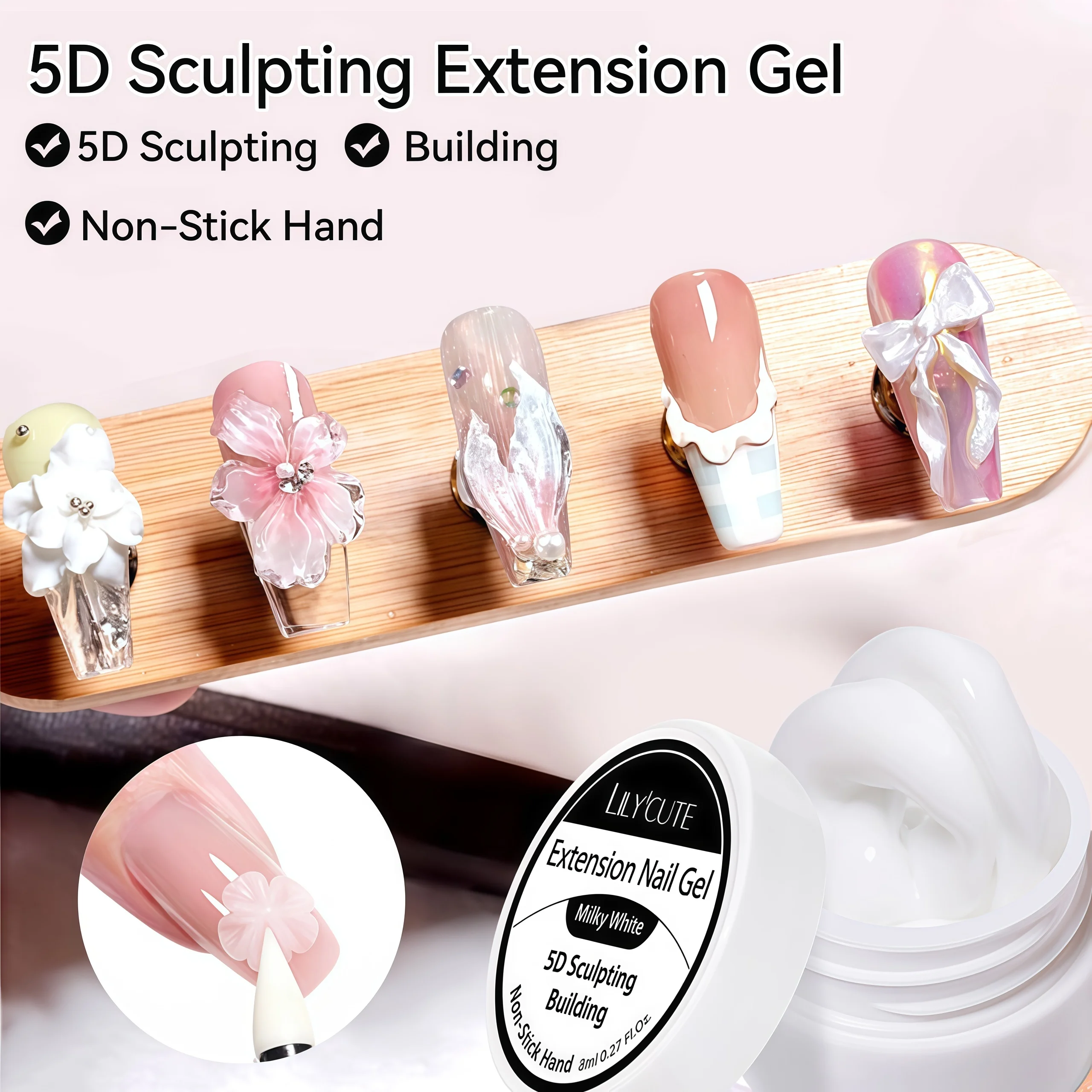 3D Nail Gel, Non-Sticky Hard Long-Lasting Overlay, Creates 3D Bow Geometric Letter Shapes, Salon Quality, Soluble Residue-Free A