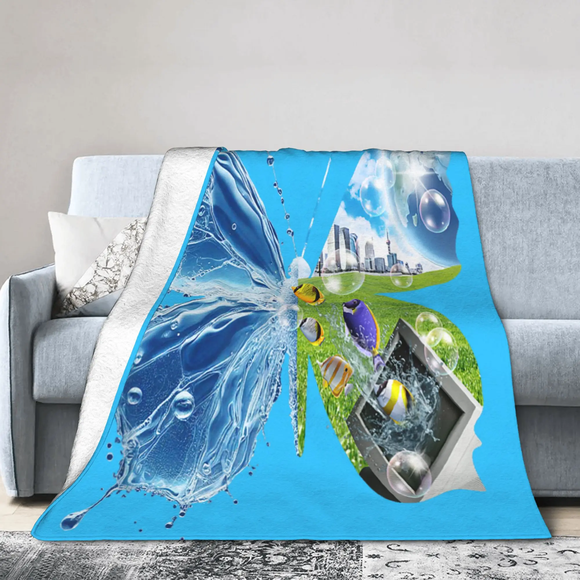 Frutiger Aero Flannel Throw Blankets Aesthetic Butterfly Computer Fishes Scenery Blanket for Sofa Car Super Warm Bed Rug