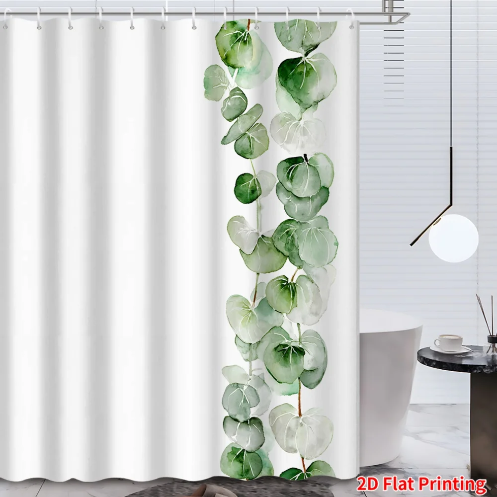 

Крючки для душевых занавесок с эвкалиптом, акварельный стиль, зеленые и серые листья, вертикальный узор, белый фон, полиэстер, моющиеся.