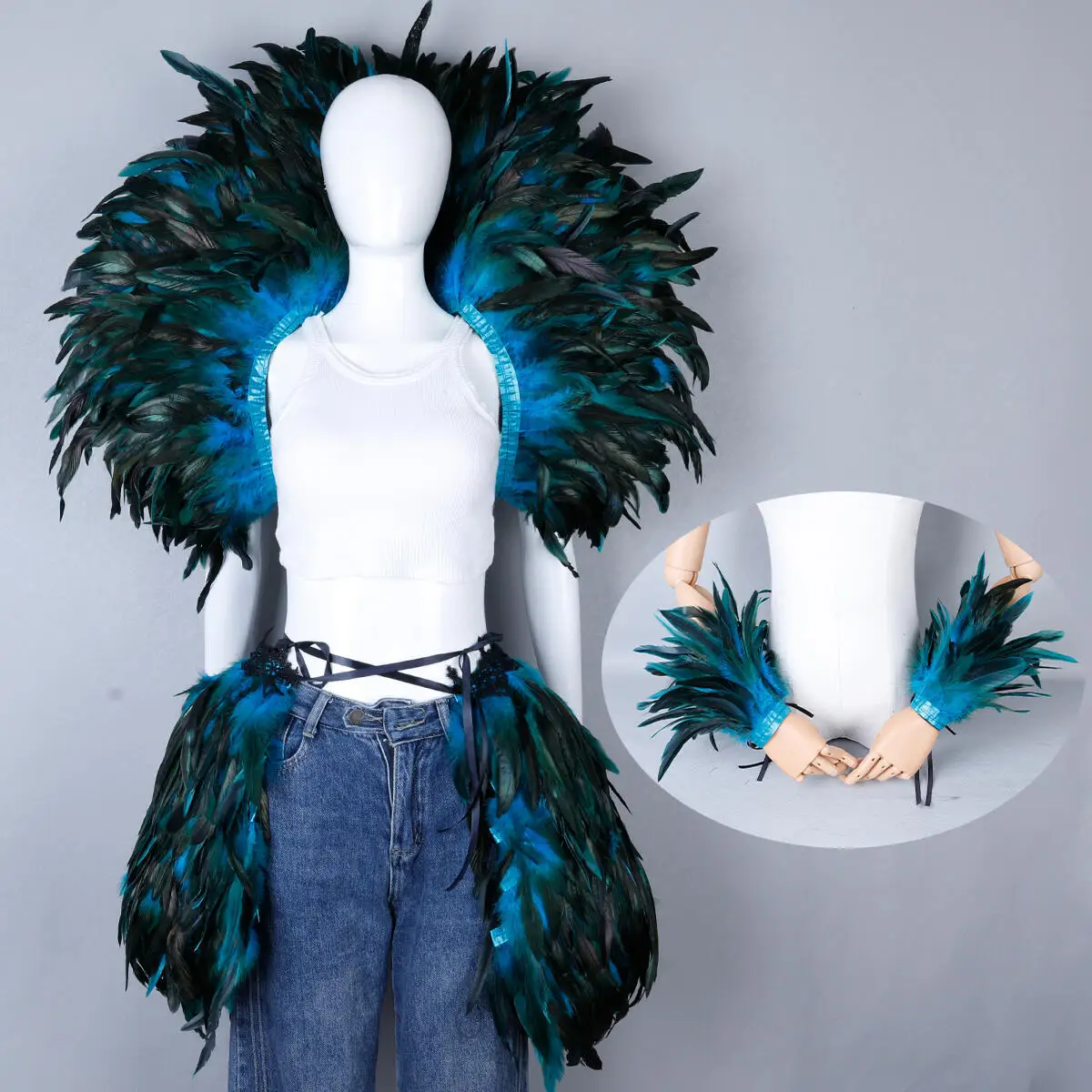 Gothic Karneval 3-teiliges Set Maskerade Gefiederter Kragen Brautschal Halloween Kostümzubehör für Damen Mode Cosplay Hexe – Detail 25