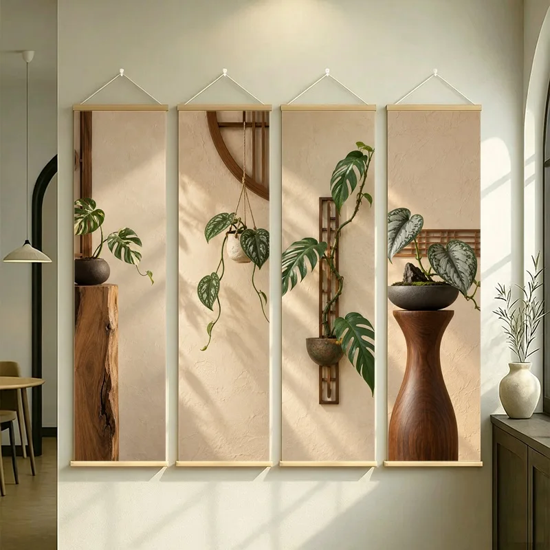 Wall Art Variegated Rhaphidophora and Dragon Tail Vine, Wabi-Sabi Silver Shimmer Canvas Hanging Scroll for Spa Room Decor