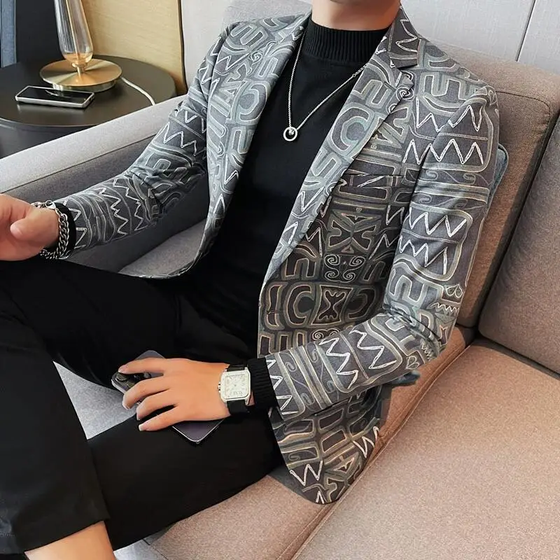 High Quality Men\'s Printed Suit Jacket for Men Autumnn Fashion Slim Fit Casual Business Blazers Wedding Social Dress Coats 4XL-M