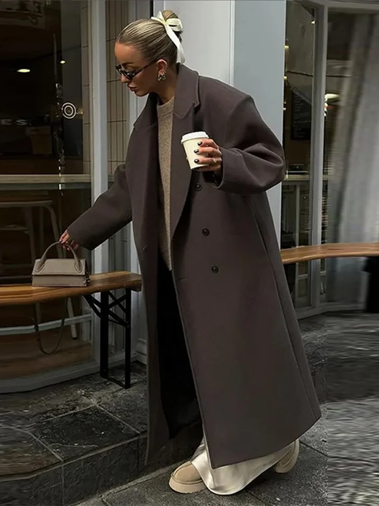 

Fashion Solid Long Jacket Women Loose Lapel Double Breasted Straight Coats 2025 Autumn Winter Lady Vintage High Street Outerwear
