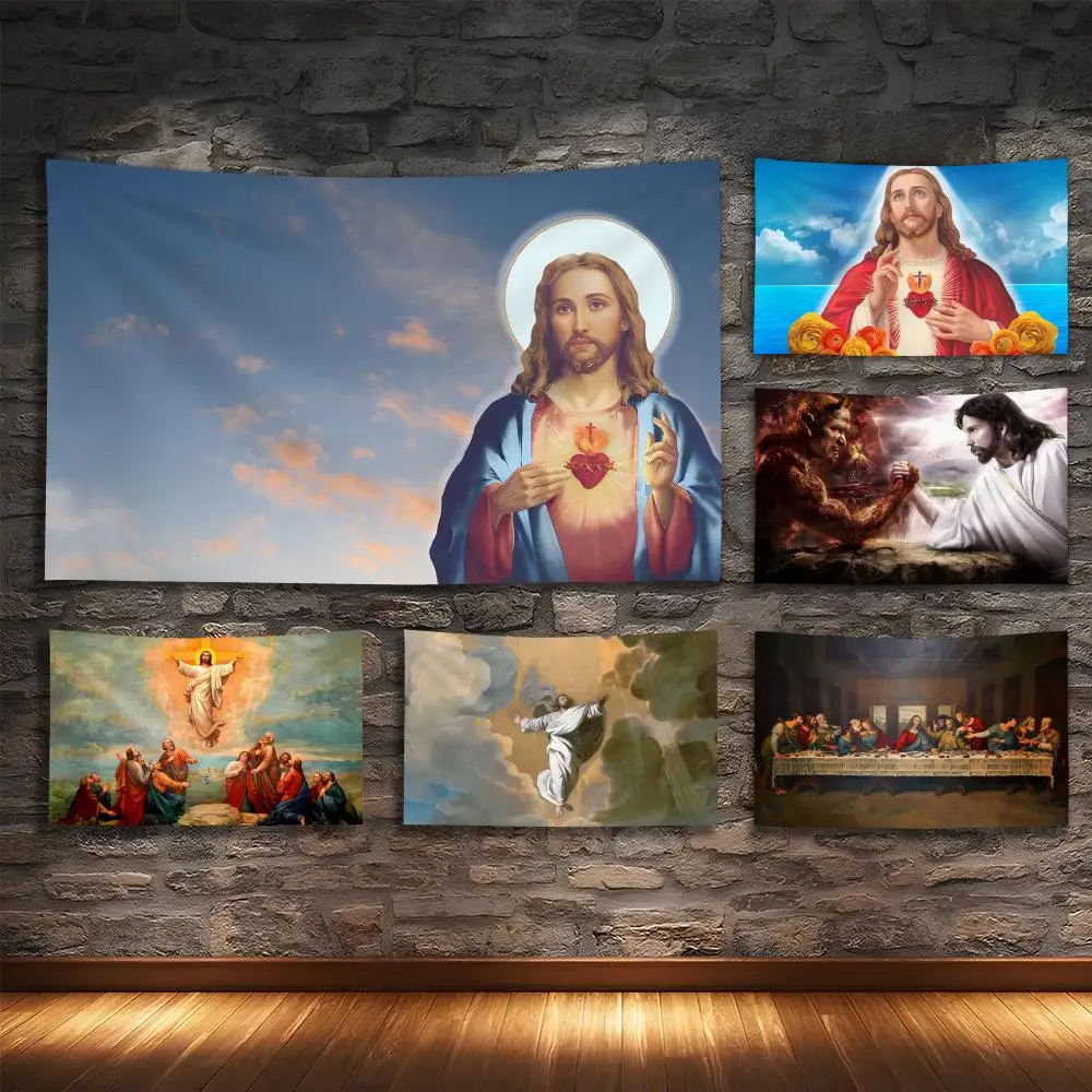 

Jesus Retro Christianity Faith Tapestry Custom Living Bedroom Party Dormitory Interior Wall Bohemian Decoration Attached Clip