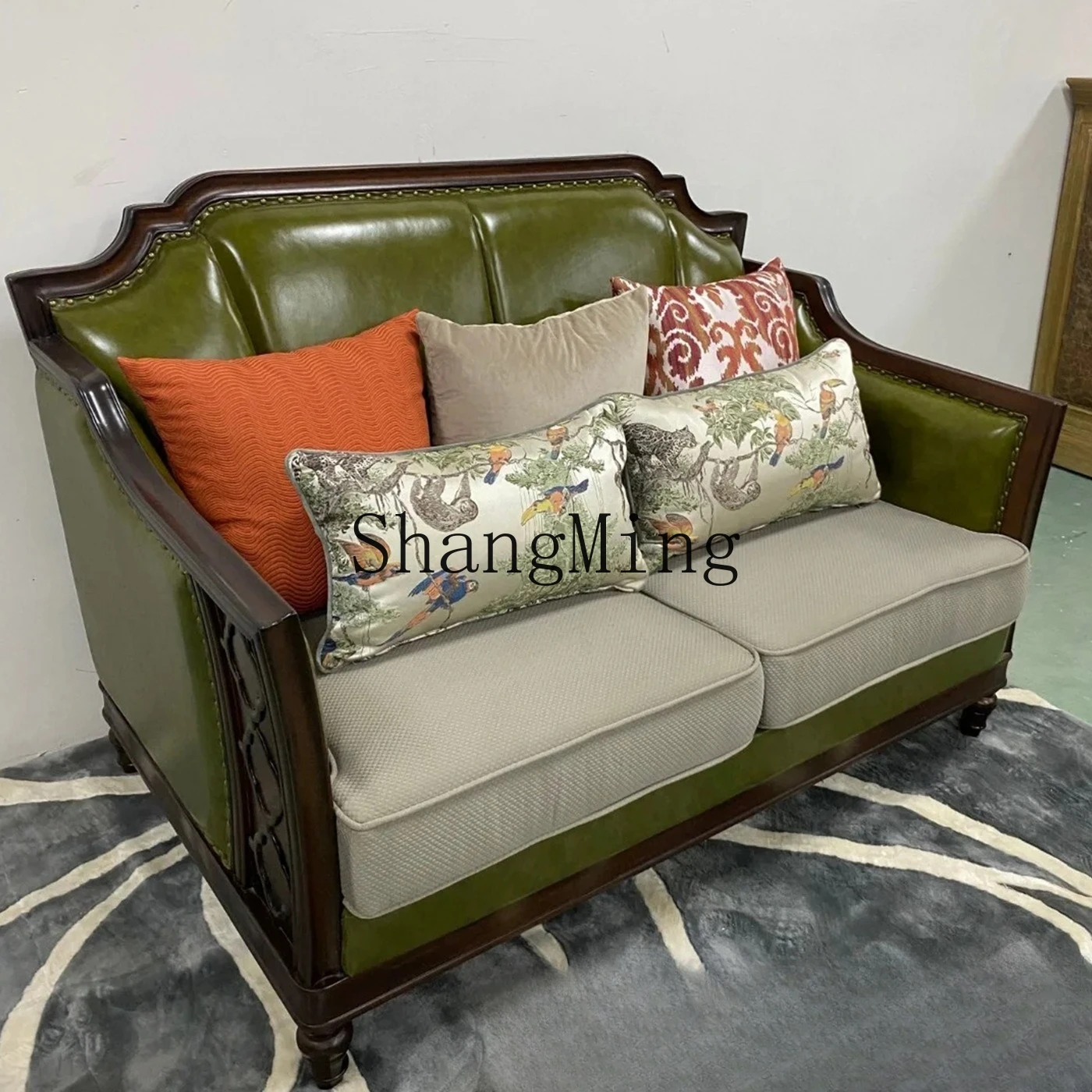 FG Country Retro Leather Upholstery Sofa Idyllic Villa Living Room Solid Wood Simple Green Leather Sofa Combination
