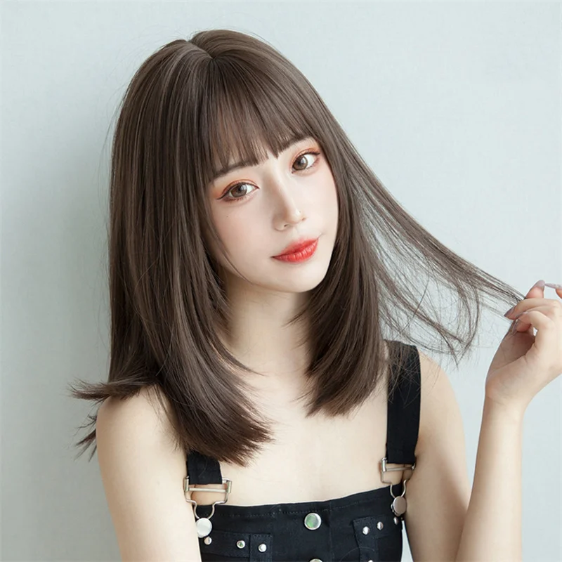 韓国スタイルのヘアエクステンション合成ファッション若い女性のかつら通気性ヘッドカバーミディアムレングスストレートウィッグ帽子女性のための