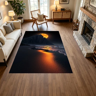 Full Moon Rocky Cliff Night Landscape Carpet Flooring, Dark Mountain Scenery Non-Slip Floor Rug for Living Room Bedroom Home Decoration
