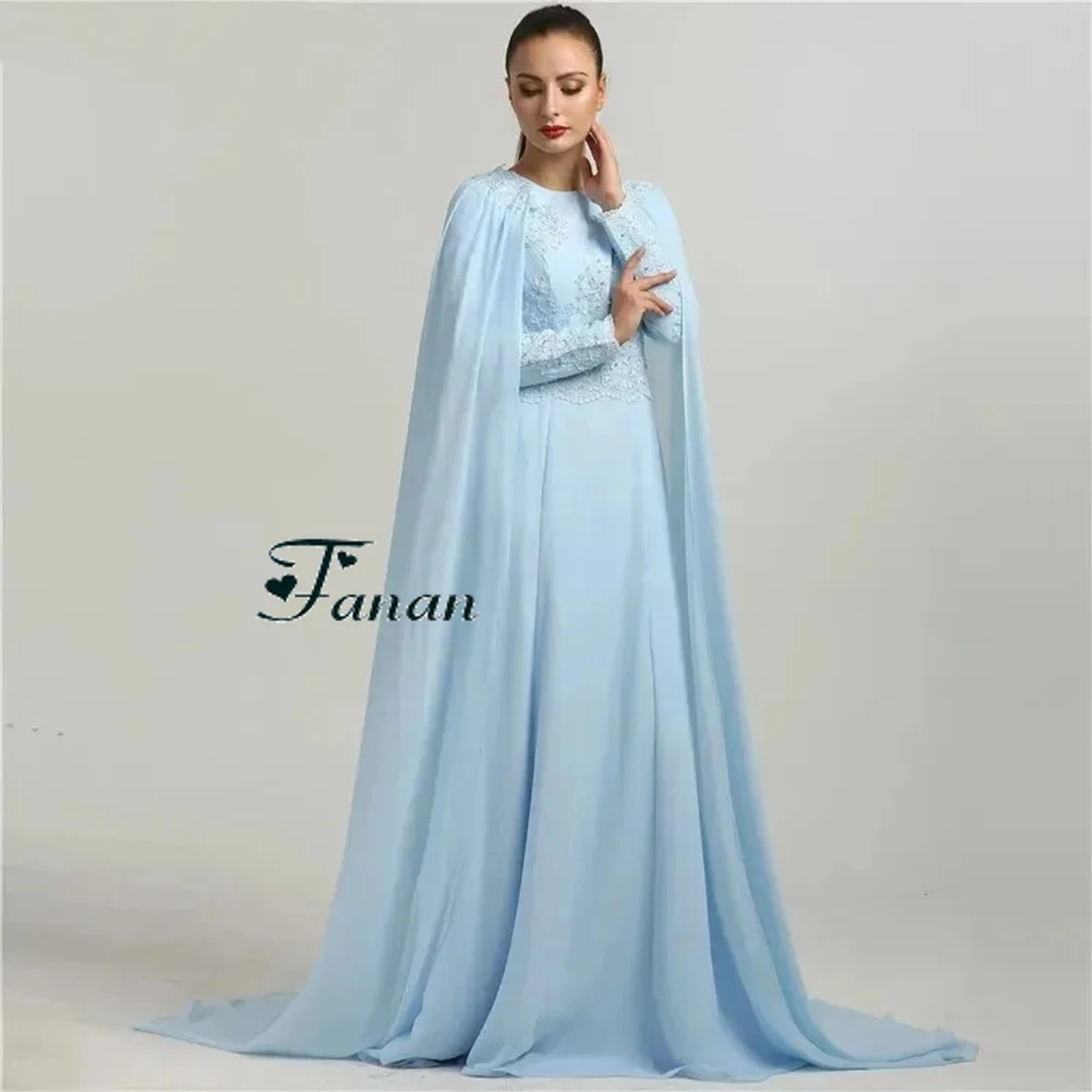 Disesuaikan Yipeisha sederhana biru langit dengan jubah lengan gaun malam O-neck Muslin sifon Appilques A-line panjang lantai Formal