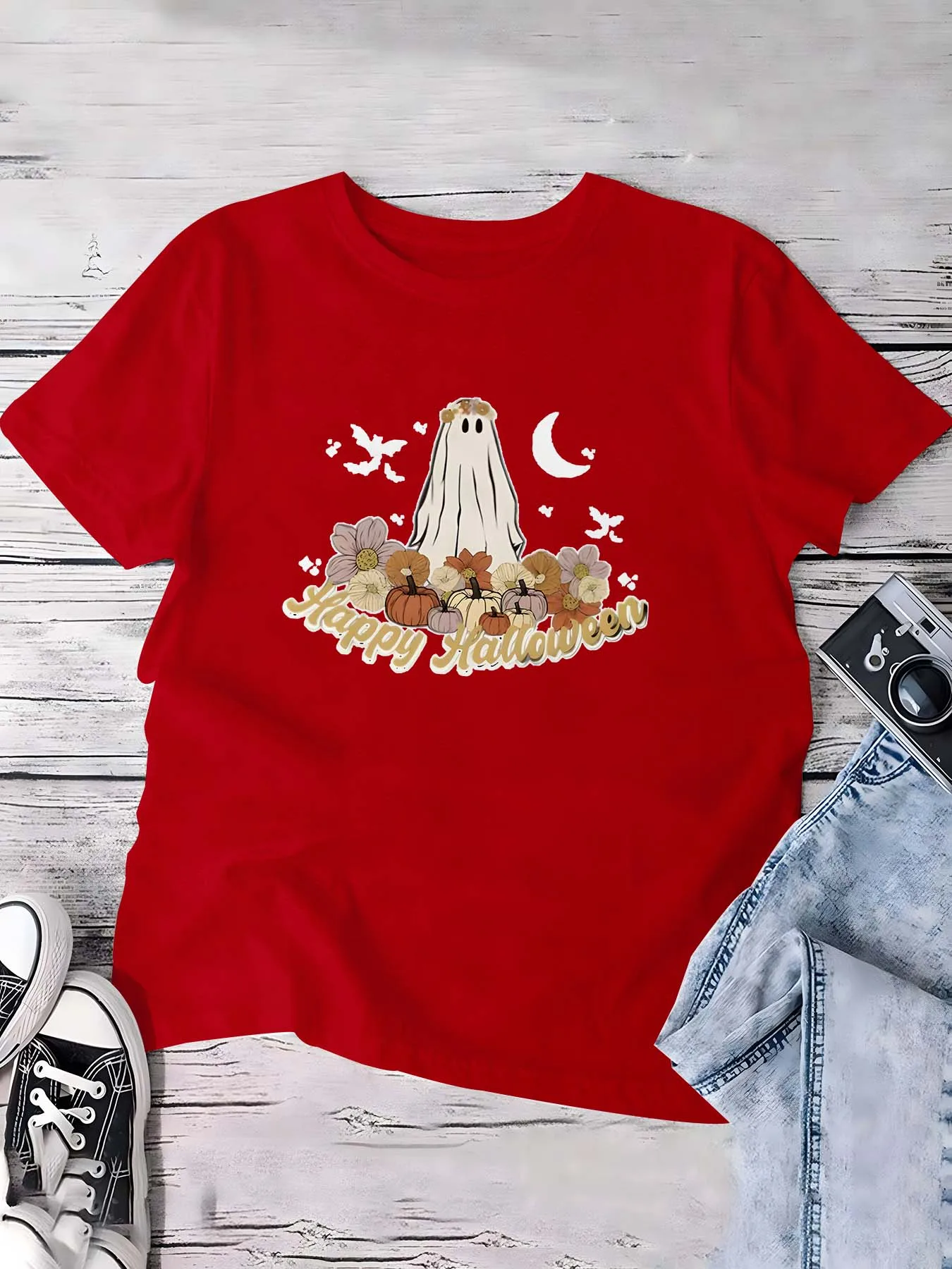 

Плюс размер Хэллоуин призрак тыква цветок графический топ Merging праздничный причудливый с ботаническим шармом для стильного сезонного образа