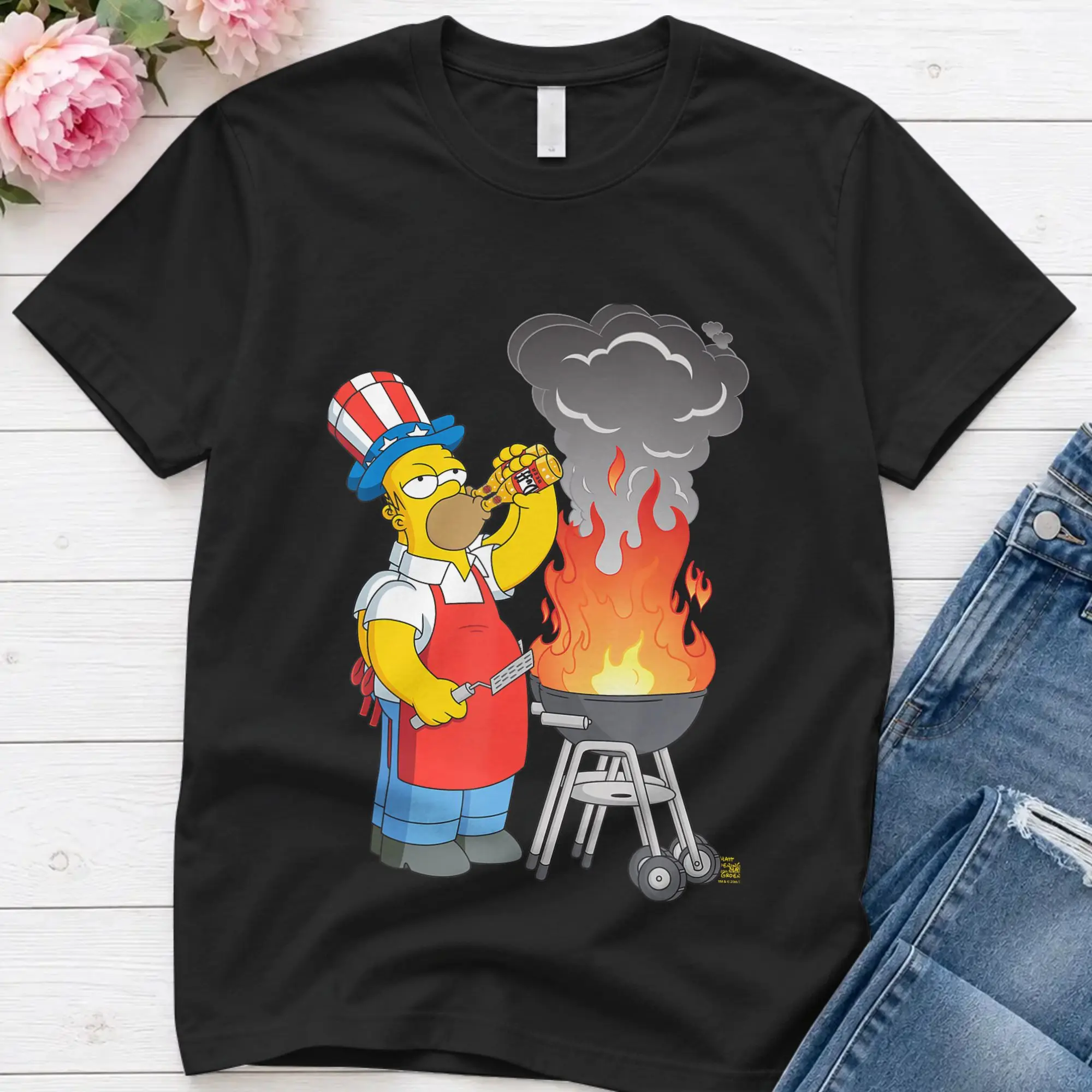 Men's The Simpsons Homer Simpson Th Of July Beer &Amp; BBQ Cookout T Shirt Simpsons Cotton Clothing Crewneck Tee Shirt  T-Shirts