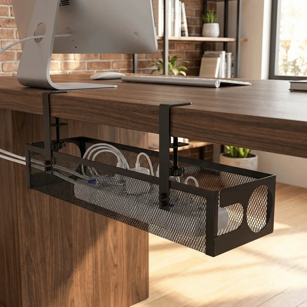 Carbon Steel Under Desk Wire Management Tray No Drilling Space Saving Adjustable Cable Organizers with Clamp Metal Cable Tray